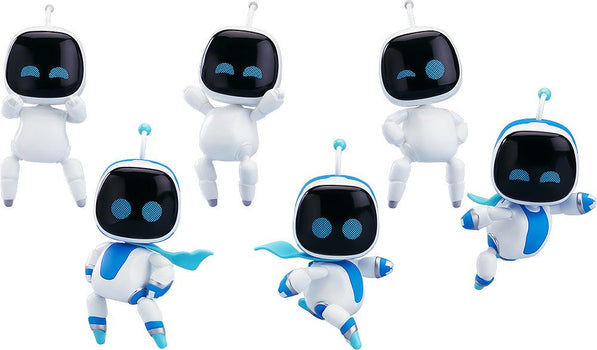 Product lineup render of the ASTROBOT Nendoroid Surprise Astro 1.0 set showing six distinct robot figures in various dynamic gaming poses against a white background.