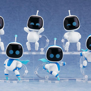 A collection of six Astro Bot Nendoroid Surprise figures mounted on clear plastic stands and tiered display bases against a blue background.