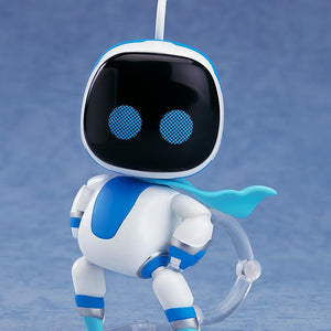 Astro Bot Nendoroid Surprise Confident Pose version figure with a blue cape and blue accents, standing heroically on a clear display base.