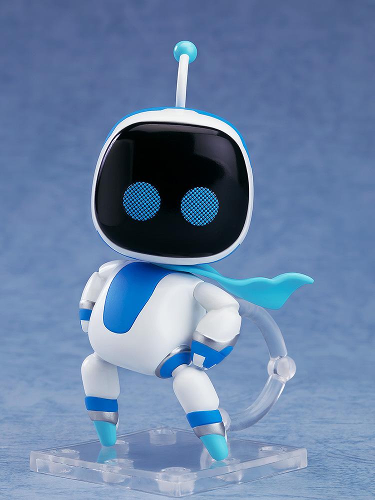 Astro Bot Nendoroid Surprise Confident Pose version figure with a blue cape and blue accents, standing heroically on a clear display base.