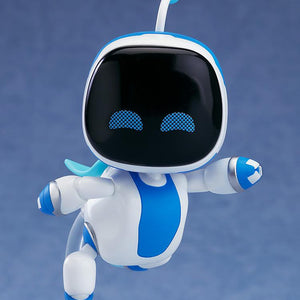 Astro Bot Nendoroid Surprise Jumping version figure with joyful squinted digital eyes, posed as if soaring or floating in mid-air.