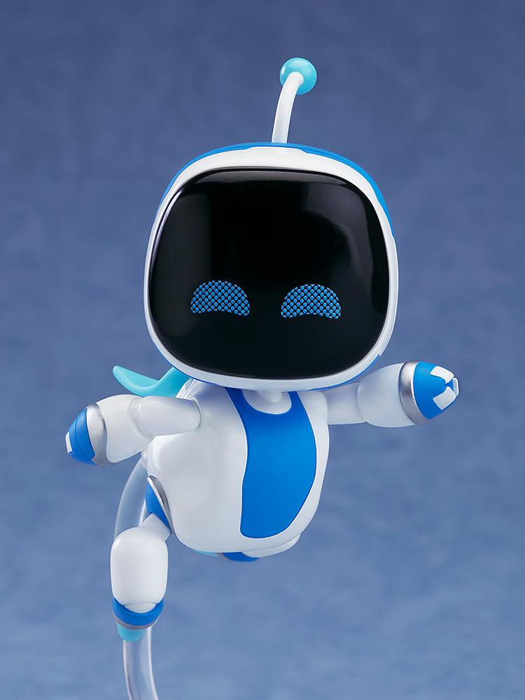 Astro Bot Nendoroid Surprise Jumping version figure with joyful squinted digital eyes, posed as if soaring or floating in mid-air.