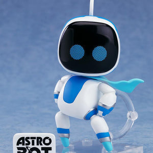Astro Bot Nendoroid Surprise Confident Pose figure shown next to a white rectangular Astro Bot game logo plate accessory.