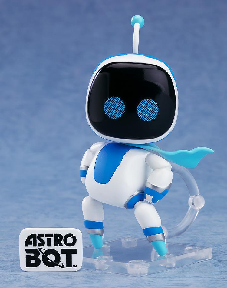 Astro Bot Nendoroid Surprise Confident Pose figure shown next to a white rectangular Astro Bot game logo plate accessory.