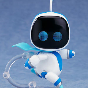 Astro Bot Nendoroid Surprise Running version figure with a blue cape, dynamically posed mid-run on an articulated clear display stand.