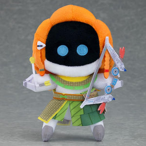 Articulated Aloy Bot plushie from the Astro Bot game with signature orange hair and tribal green outfit on a grey background.