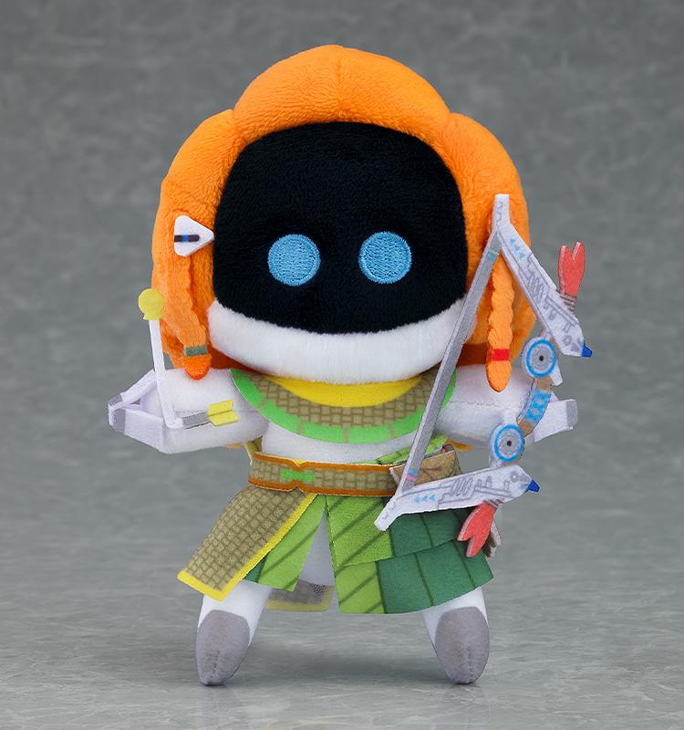 Articulated Aloy Bot plushie from the Astro Bot game with signature orange hair and tribal green outfit on a grey background.
