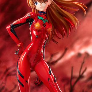 High-angle shot of the Asuka Shikinami Langley figure with a focus on her confident pose and flowing hair.