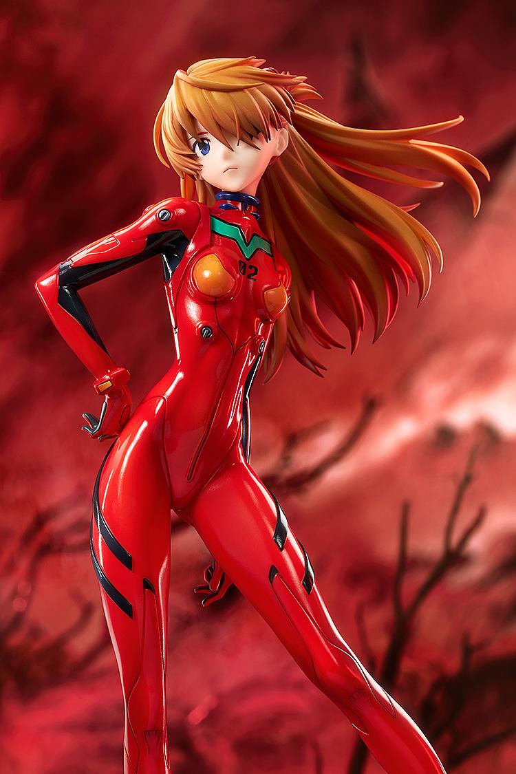 High-angle shot of the Asuka Shikinami Langley figure with a focus on her confident pose and flowing hair.