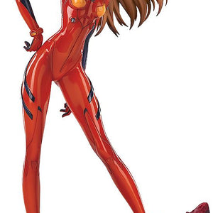 Full-length front view of the Asuka Shikinami Langley 1/7 scale figure in her red plugsuit, standing on a rocky base.