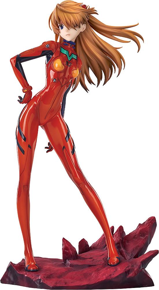 Full-length front view of the Asuka Shikinami Langley 1/7 scale figure in her red plugsuit, standing on a rocky base.