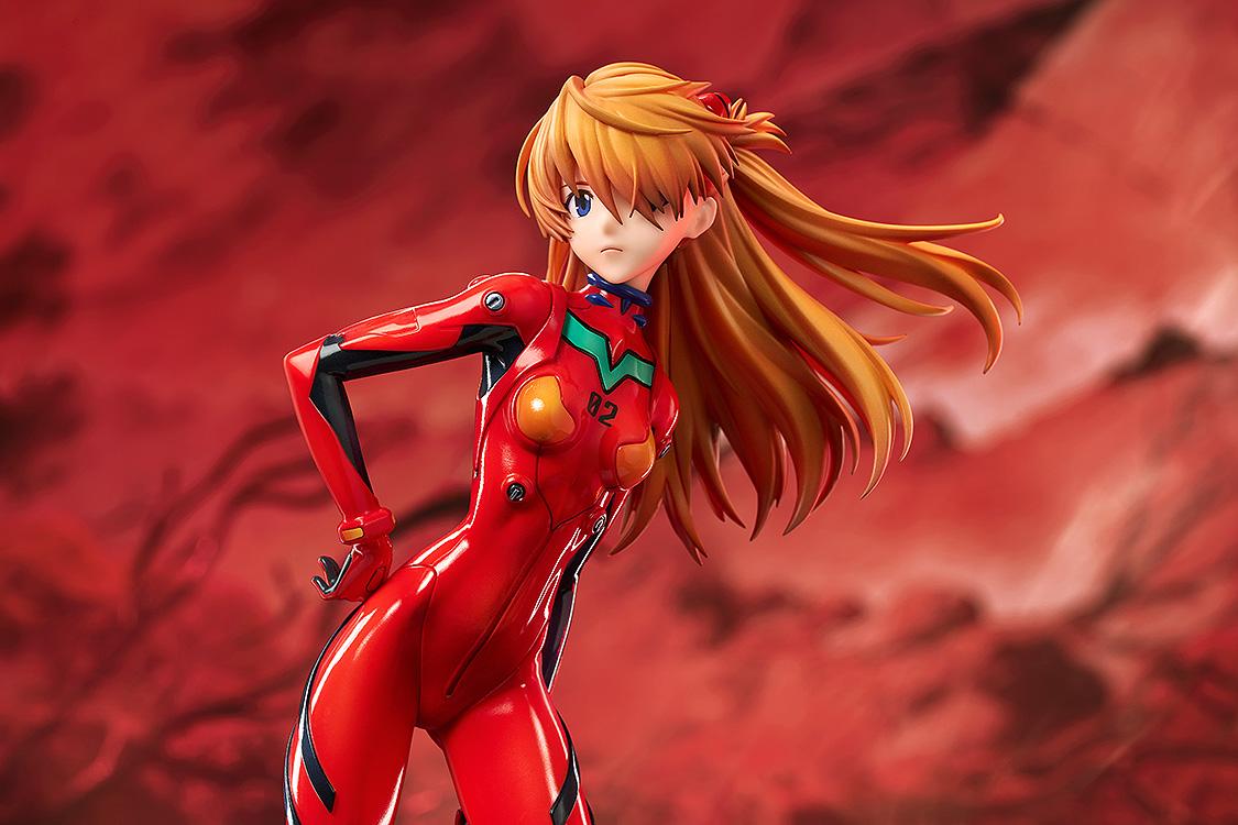 Cinematic close-up of Asuka Shikinami Langley against a dramatic red and orange hellscape background.