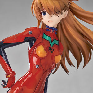 Close-up portrait of the Asuka Shikinami Langley 1/7 scale figure focusing on her facial expression and eye patch.