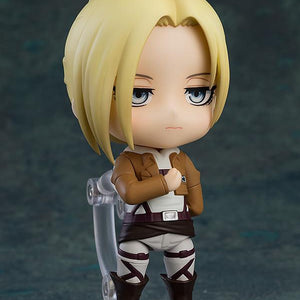 Attack on Titan Annie Leonhart Nendoroid figure in flying mid-air dual blade action pose.
