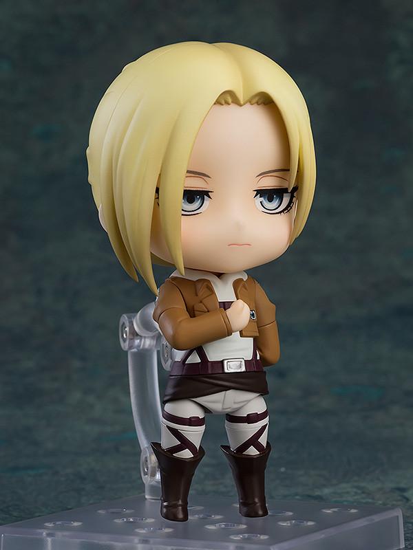 Attack on Titan Annie Leonhart Nendoroid figure in flying mid-air dual blade action pose.
