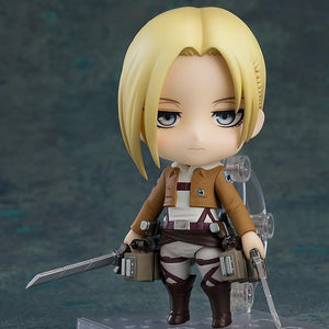 Attack on Titan Annie Leonhart Nendoroid figure standing with dual blades in Military Police uniform.