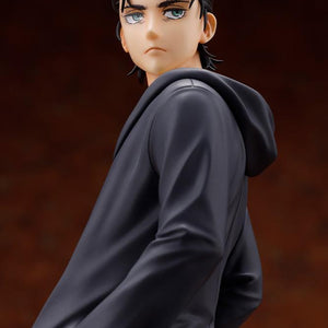 Angled close-up portrait shot of the Kotobukiya Eren Yeager figure displaying head sculpt details and coat hood