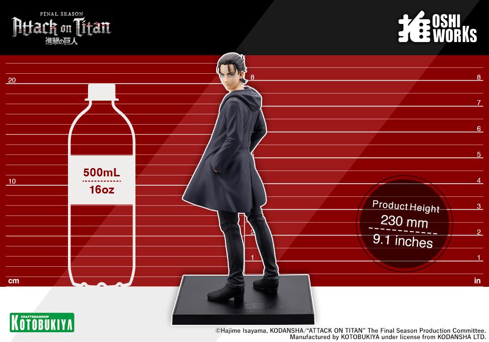 Size specification chart showing the Kotobukiya Eren Yeager Oshi Works figure height of 230mm or 9.1 inches next to a 500ml bottle outline
