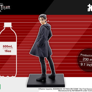 Size specification chart showing the Kotobukiya Eren Yeager Oshi Works figure height of 230mm or 9.1 inches next to a 500ml bottle outline
