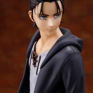 Detailed close-up portrait of Eren Yeager showing his tied-back hairstyle and intense gaze
