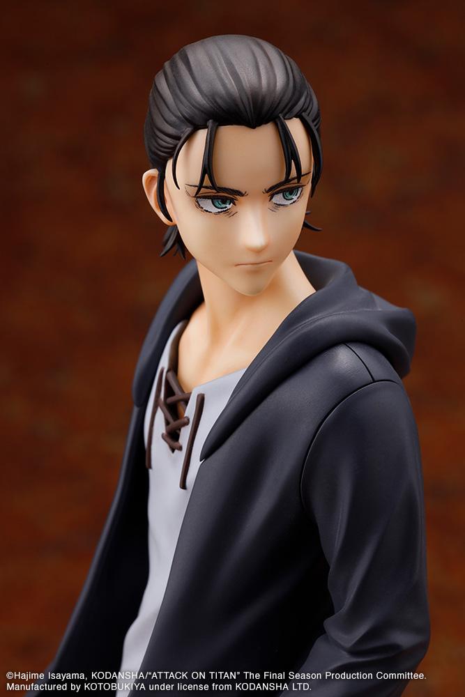Detailed close-up portrait of Eren Yeager showing his tied-back hairstyle and intense gaze