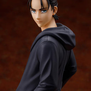 Close-up side view of the Final Season Eren Yeager figure highlighting his facial sculpt and resolute expression