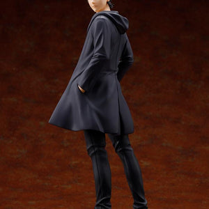 Full length back angle of the Kotobukiya Attack on Titan: The Final Season Eren Yeager Oshi Works figure looking over his shoulder in a long black coat