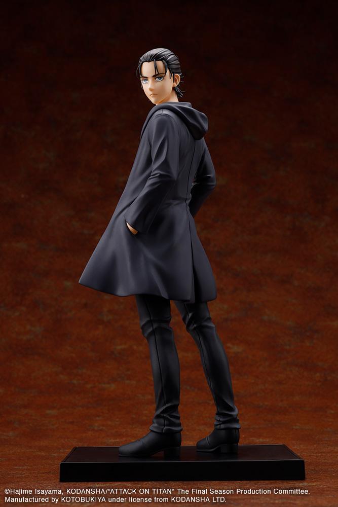 Full length back angle of the Kotobukiya Attack on Titan: The Final Season Eren Yeager Oshi Works figure looking over his shoulder in a long black coat