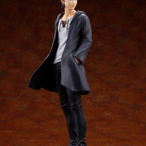 Full standing front view of the Eren Yeager Oshi Works figure wearing a dark hooded coat over a laced shirt