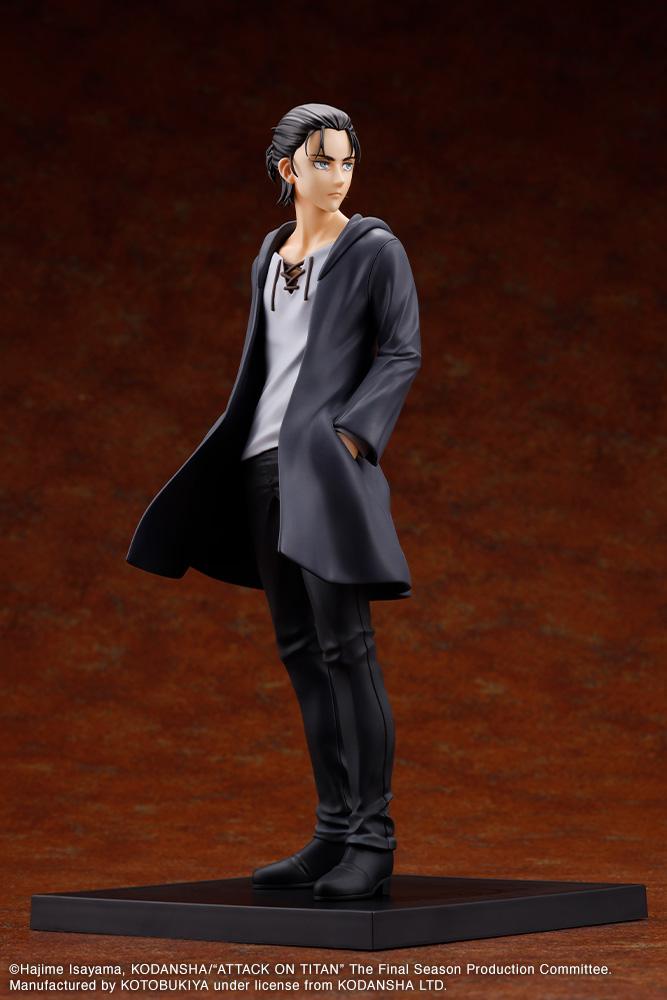Full standing front view of the Eren Yeager Oshi Works figure wearing a dark hooded coat over a laced shirt