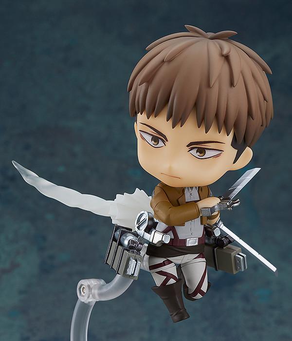 Jean Kirstein Nendoroid figure standing on clear display stand with Survey Corps cape and Vertical Maneuvering Equipment.