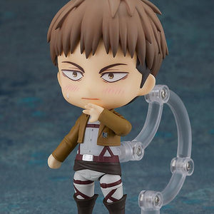 Jean Kirstein Nendoroid figure performing the Survey Corps salute gesture in brown jacket uniform.
