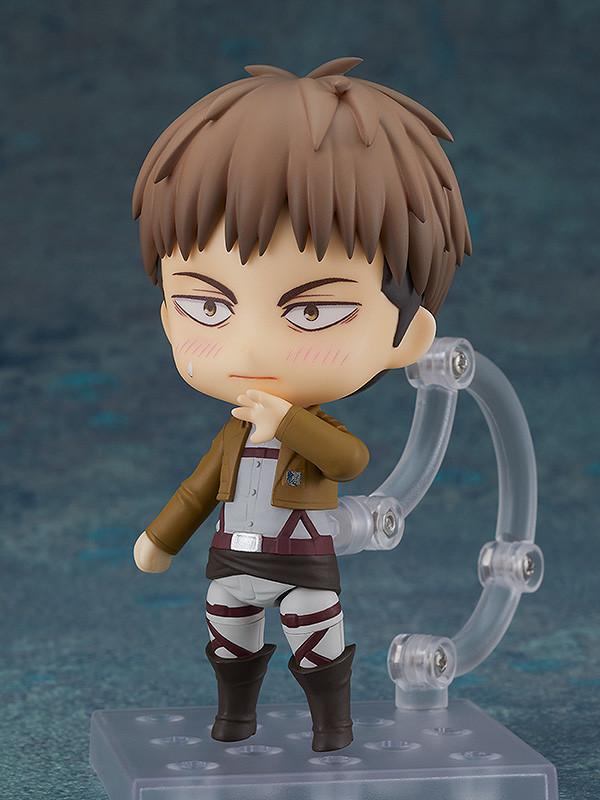 Jean Kirstein Nendoroid figure performing the Survey Corps salute gesture in brown jacket uniform.