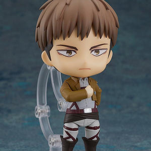 Attack on Titan Jean Kirstein Nendoroid in mid-air action pose with Vertical Maneuvering Equipment smoke effects.