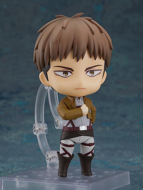 Attack on Titan Jean Kirstein Nendoroid in mid-air action pose with Vertical Maneuvering Equipment smoke effects.