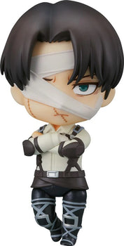 Full view of the Attack on Titan Nendoroid Levi Ackerman: The Final Season Ver. figure by Good Smile Company, posed with bandaged head and arms crossed.