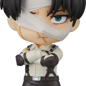 Full view of the Attack on Titan Nendoroid Levi Ackerman: The Final Season Ver. figure by Good Smile Company, posed with bandaged head and arms crossed.