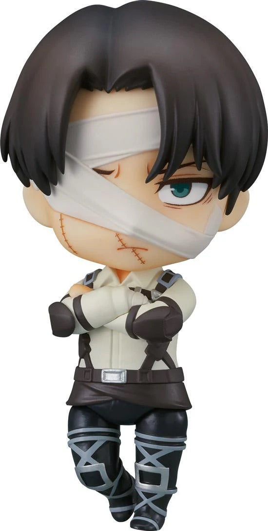 Full view of the Attack on Titan Nendoroid Levi Ackerman: The Final Season Ver. figure by Good Smile Company, posed with bandaged head and arms crossed.
