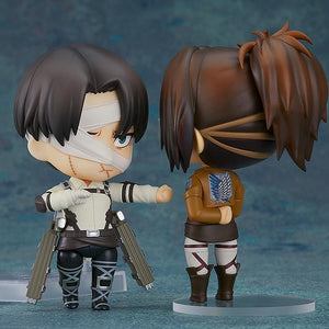 Nendoroid Levi Ackerman figure displayed side-by-side with another figure (Hange), showing the back of the Survey Corps uniform.