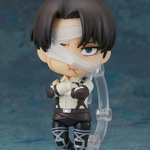 Attack on Titan Nendoroid Levi figure with the bandaged standard face plate, showing his signature Survey Corps uniform and harness.