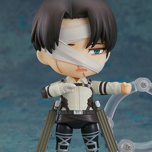 Front view of the Nendoroid Levi figure with the Vertical Maneuvering Equipment parts and dual blades attached.