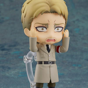 Reiner Braun Nendoroid figure holding rifle barrel near mouth with hopeless faceplate expression.
