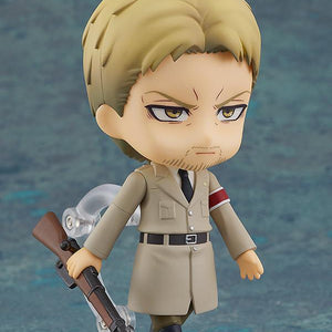 Reiner Braun Nendoroid figure with Japanese Gotta Marry Her text plate on clear display stand.