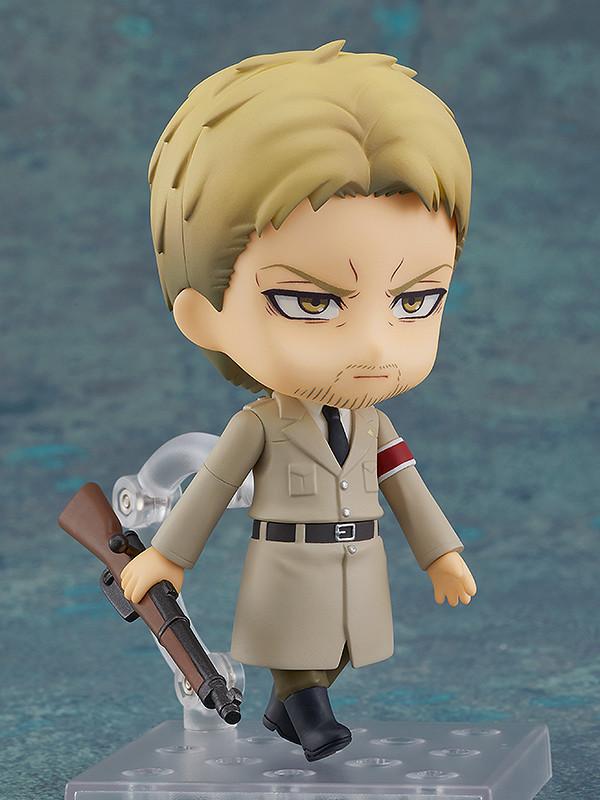Reiner Braun Nendoroid figure with Japanese Gotta Marry Her text plate on clear display stand.
