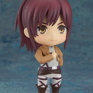 Attack on Titan Sasha Braus Nendoroid in mid-air flying action pose with Survey Corps cloak.