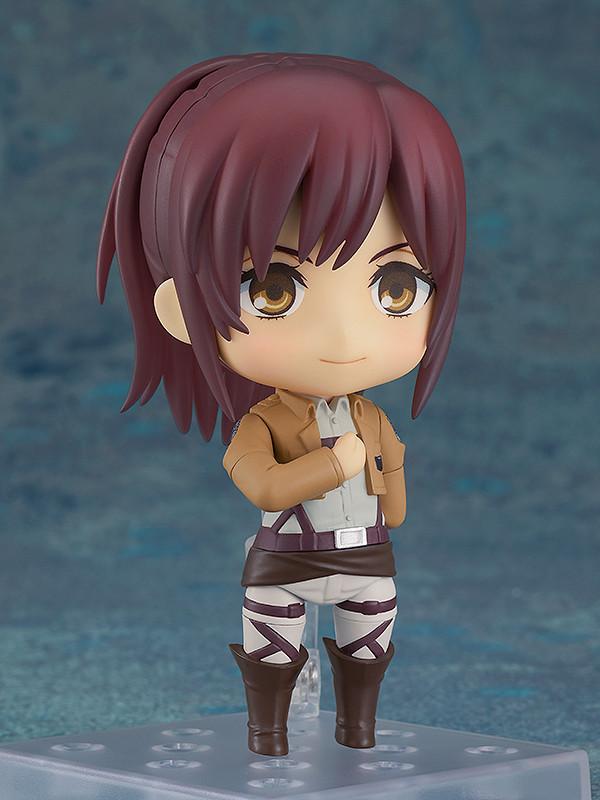 Attack on Titan Sasha Braus Nendoroid in mid-air flying action pose with Survey Corps cloak.