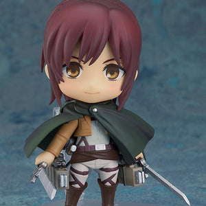 Attack on Titan Sasha Braus Nendoroid figure wearing green Survey Corps cloak with dual blades.