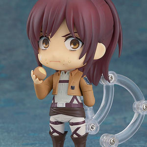 Sasha Braus Nendoroid figure performing Survey Corps salute in brown jacket uniform.