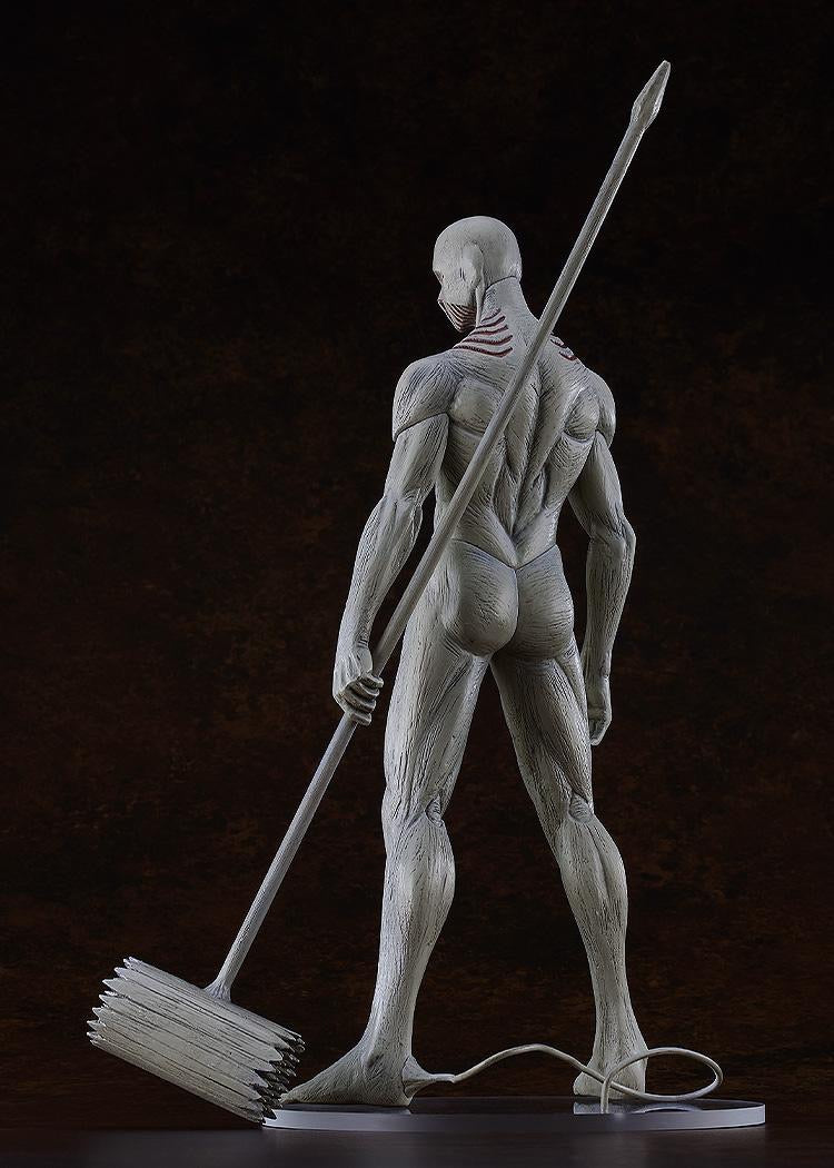 Studio shot of the War Hammer Titan figure's back, emphasizing the highly detailed sculpt of the back muscles and the texture of the pale Titan body.