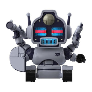 Avant-Garde-kun model kit posed with its full armory of weapons and circular shield accessory.